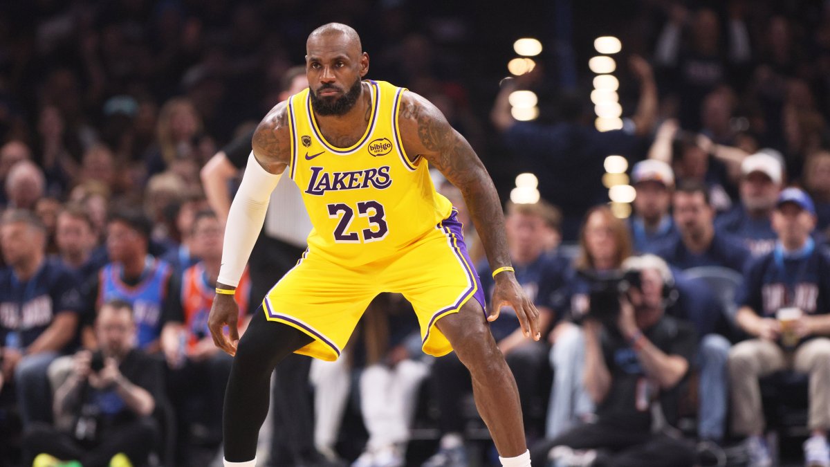 Los Angeles Lakers forward LeBron James defends in the first half of Game 2 in a second-round NBA basketball playoff series against the Oklahoma City Thunder, Oklahoma City, U.S., May 7, 2026. (AP Photo)