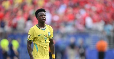 Brazil's Vinicius Junior reacts during halftime in the 2026 World Cup round of 16 football match against Norway at the New York/New Jersey Stadium, East Rutherford, U.S., July 5, 2026. (AFP Photo)