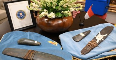 In this photo released by the Press, Media and Information Bureau of the Indonesian Presidential Secretariat, several repatriated artifacts are presented during the meeting between Indonesian President Prabowo Subianto and FBI Director Kash Patel, Jakarta, Indonesia, July 22, 2026. (AP Photo)