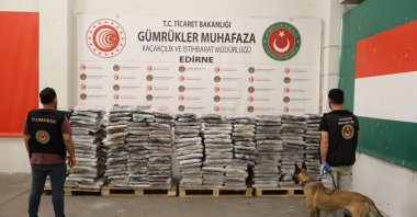 Customs Enforcement officers inspect narcotics seized during operations at the Kapıkule Border Gate, Edirne, Türkiye, July 10, 2026. (AA Photo)
