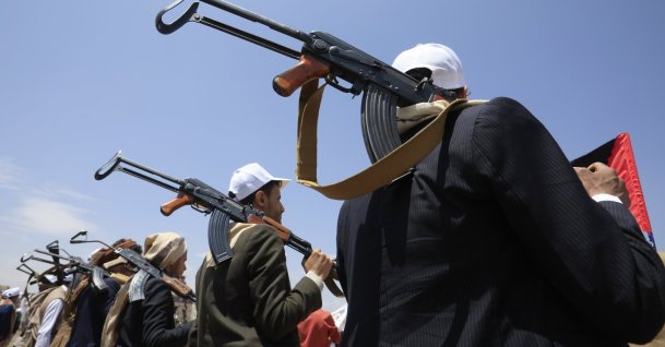 Armed students participate in a rally supporting the Houthi-imposed naval embargo against Saudi Arabia in Sanaa, Yemen, July 22, 2026. (EPA Photo)