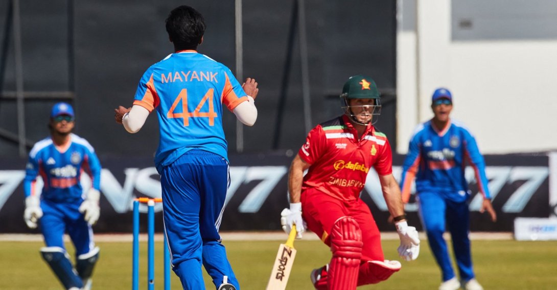 Zimbabwe's Ryan Burl (2nd R) runs between the wickets during the first Twenty20 international cricket match between Zimbabwe and India at Harare Sports Club, Harare, Zimbabwe, July 23, 2026. (AFP Photo)
