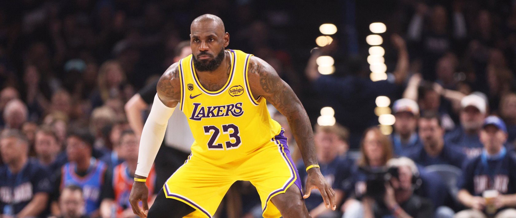 Los Angeles Lakers forward LeBron James defends in the first half of Game 2 in a second-round NBA basketball playoff series against the Oklahoma City Thunder, Oklahoma City, U.S., May 7, 2026. (AP Photo)