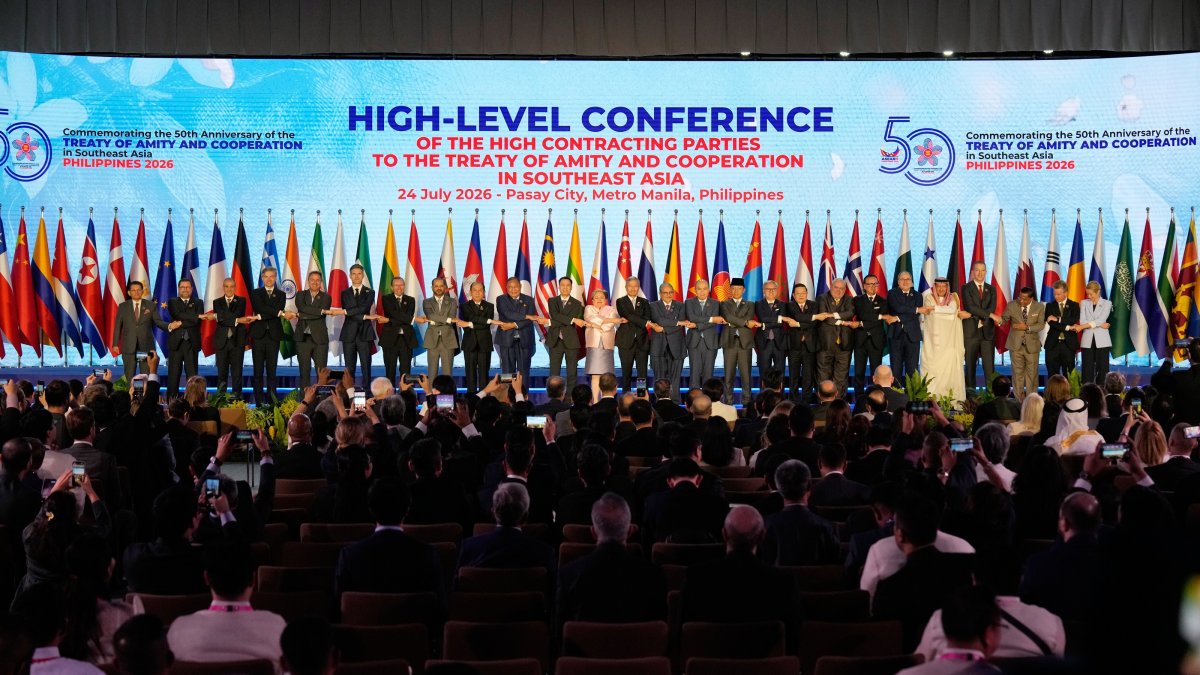 Attendees pose for a group photo during a gathering on the sidelines of the Association of Southeast Asian Nations (ASEAN) Foreign Ministers' Meeting, Pasay City, Metro Manila, Philippines, July 24, 2026. (EPA Photo)