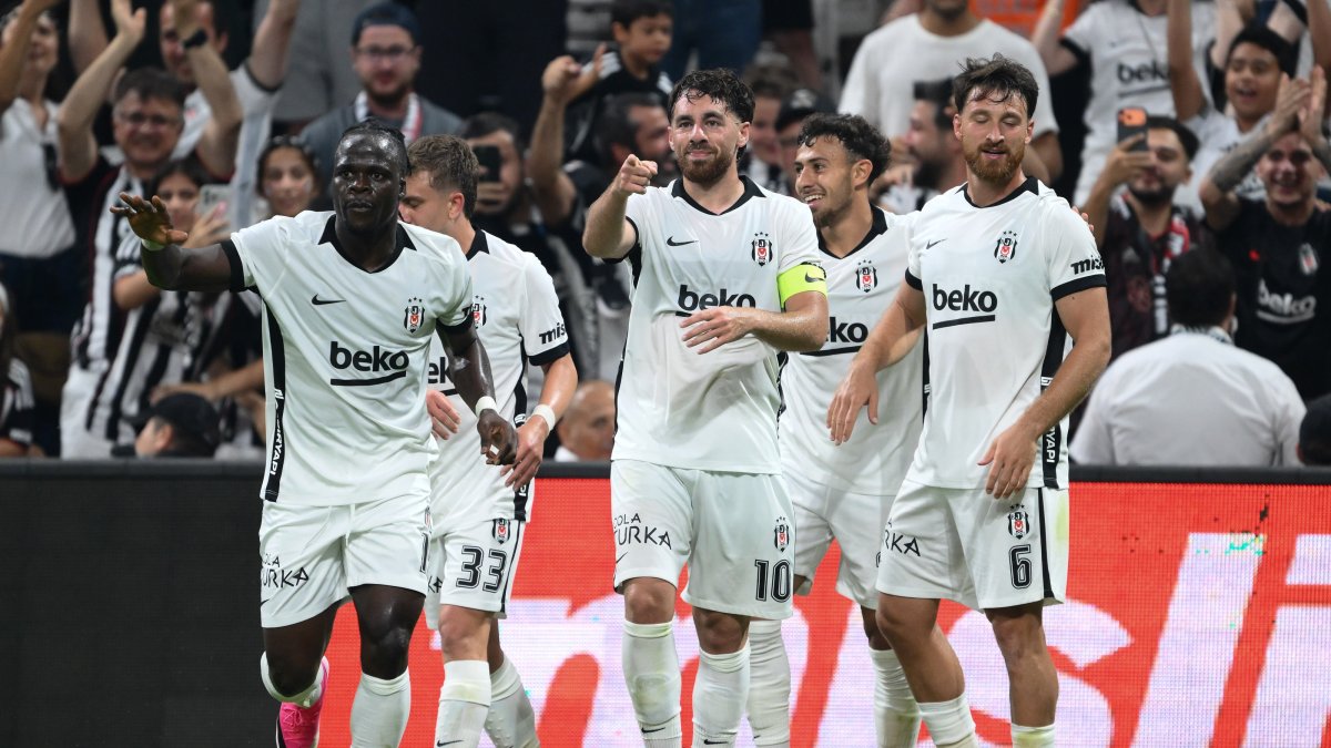 Beşiktaş's Orkun Kökçü (C) celebrates with his teammates after scoring during the UEFA Europa League second qualifying round match against Midtjylland, Istanbul, Türkiye, July 23, 2026. (AA Photo)