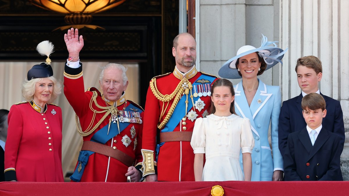 (L-R) Queen Camilla, King Charles III, Prince William, Prince of Wales, Princess Charlotte of Wales, Catherine, Princess of Wales, Prince George of Wales and Prince Louis of Wales watch an RAF flypast, Buckingham Palace during Trooping The Colour, London, U.K., June 13, 2026. (Getty Images Photo)