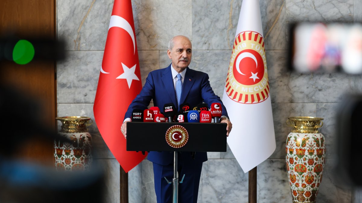Parliament Speaker Numan Kurtulmuş delivers a speech on terror-free Türkiye initiative, Ankara, Türkiye, July 22, 2026. (AA Photo)