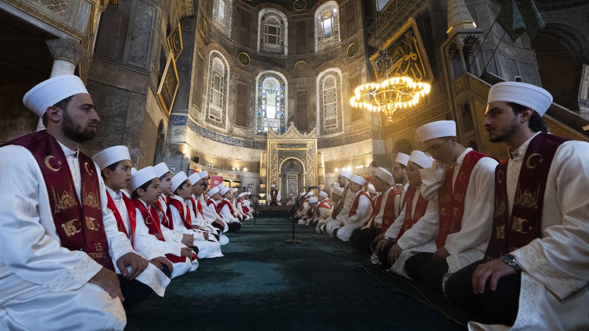 Quran memorizers recite the Quran during a commemoration marking the anniversary of the 2016 coup attempt at Hagia Sophia Grand Mosque, Istanbul, Türkiye, July 15, 2026. (AA Photo)