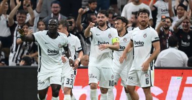 Beşiktaş's Orkun Kökçü (C) celebrates with his teammates after scoring during the UEFA Europa League second qualifying round match against Midtjylland, Istanbul, Türkiye, July 23, 2026. (AA Photo)