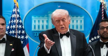 President Donald Trump gestures as he speaks in the James Brady Press Briefing Room at the White House after an unspecified threat at the annual White House Correspondents' Association Dinner, Washington, U.S., April 25, 2026. (AP Photo)
