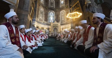 Quran memorizers recite the Quran during a commemoration marking the anniversary of the 2016 coup attempt at Hagia Sophia Grand Mosque, Istanbul, Türkiye, July 15, 2026. (AA Photo)