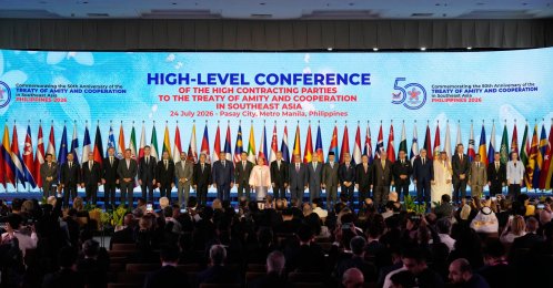 Leaders pose during the High-Level Conference of the High Contracting Parties to the Treaty of Amity and Cooperation (TAC) on the sidelines of the ASEAN Foreign Ministers' Meeting, Manila, Philippines, July 24, 2026. (Getty Images Photo)