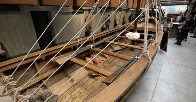 A view of the reconstructed Hippoi vessel on display at the Troy Museum, Çanakkale, northwestern Türkiye, July 22, 2026. (AA Photo)