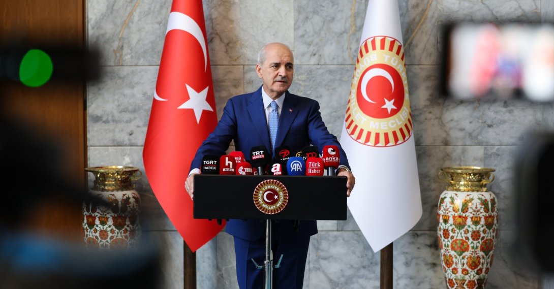 Parliament Speaker Numan Kurtulmuş delivers a speech on terror-free Türkiye initiative, Ankara, Türkiye, July 22, 2026. (AA Photo)