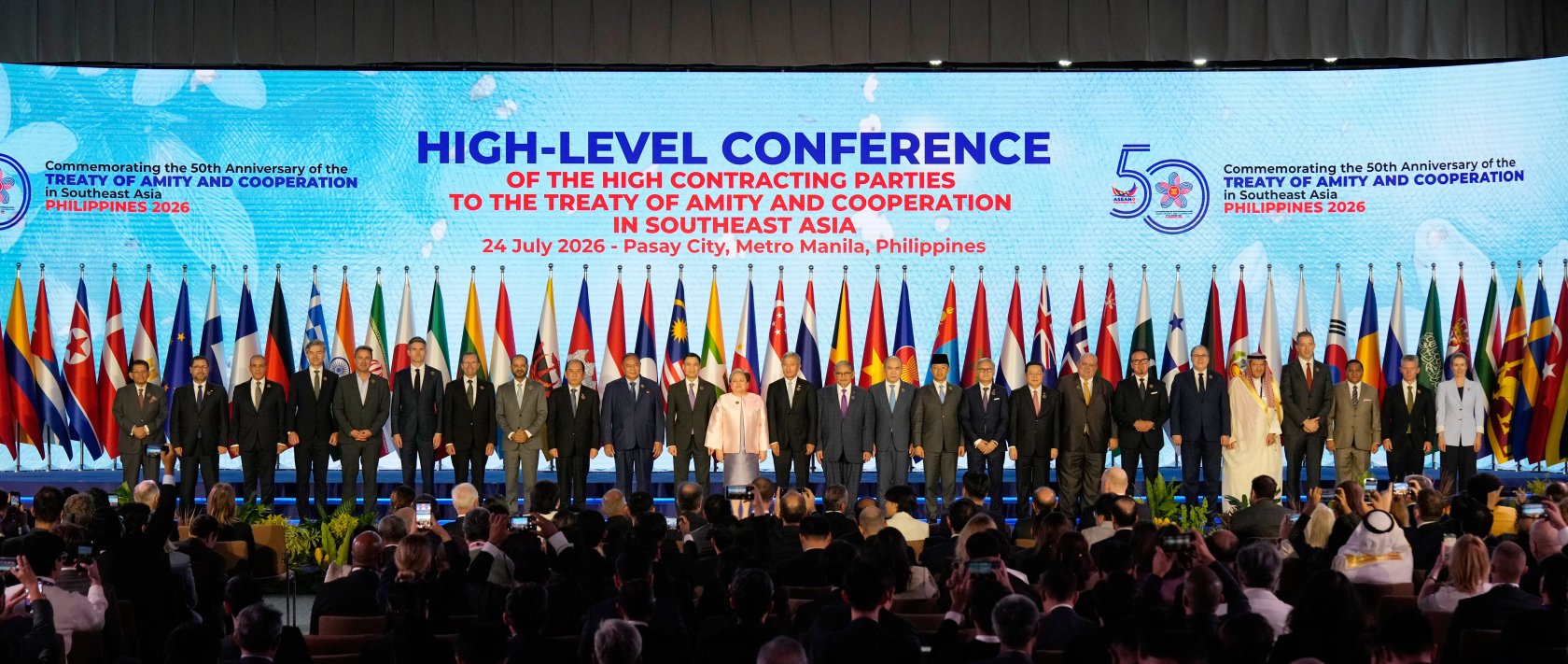 Leaders pose during the High-Level Conference of the High Contracting Parties to the Treaty of Amity and Cooperation (TAC) on the sidelines of the ASEAN Foreign Ministers' Meeting, Manila, Philippines, July 24, 2026. (Getty Images Photo)