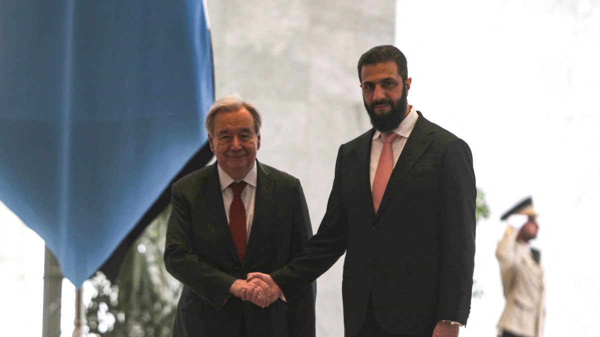 Syria's President Ahmed al-Sharaa (R) receives U.N. Secretary-General Antonio Guterres at the People's Palace, Damascus, Syria, July 25, 2026. (AFP Photo)