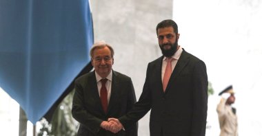 Syria's President Ahmed al-Sharaa (R) receives U.N. Secretary-General Antonio Guterres at the People's Palace, Damascus, Syria, July 25, 2026. (AFP Photo)