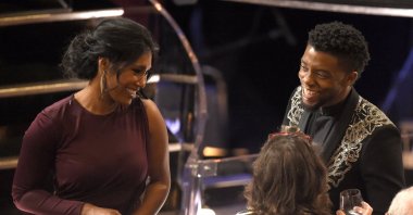 Taylor Simone Ledward (L) and Chadwick Boseman appear in the audience at the Oscars at the Dolby Theatre, Los Angeles, U.S., March 4, 2018. (AP Photo)