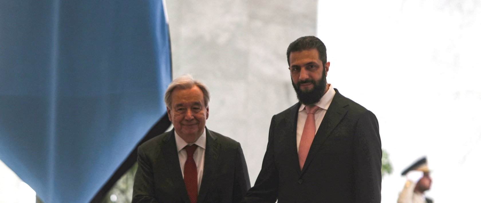 Syria's President Ahmed al-Sharaa (R) receives U.N. Secretary-General Antonio Guterres at the People's Palace, Damascus, Syria, July 25, 2026. (AFP Photo)