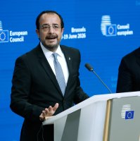 Greek Cypriot administration head Nikos Christodoulides (L) talks to journalists next to European Council President Antonio Costa, Brussels, Belgium, June 19, 2026. (AP Photo)