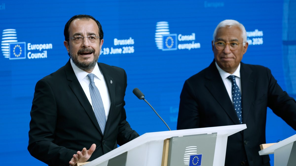 Greek Cypriot administration head Nikos Christodoulides (L) talks to journalists next to European Council President Antonio Costa, Brussels, Belgium, June 19, 2026. (AP Photo)