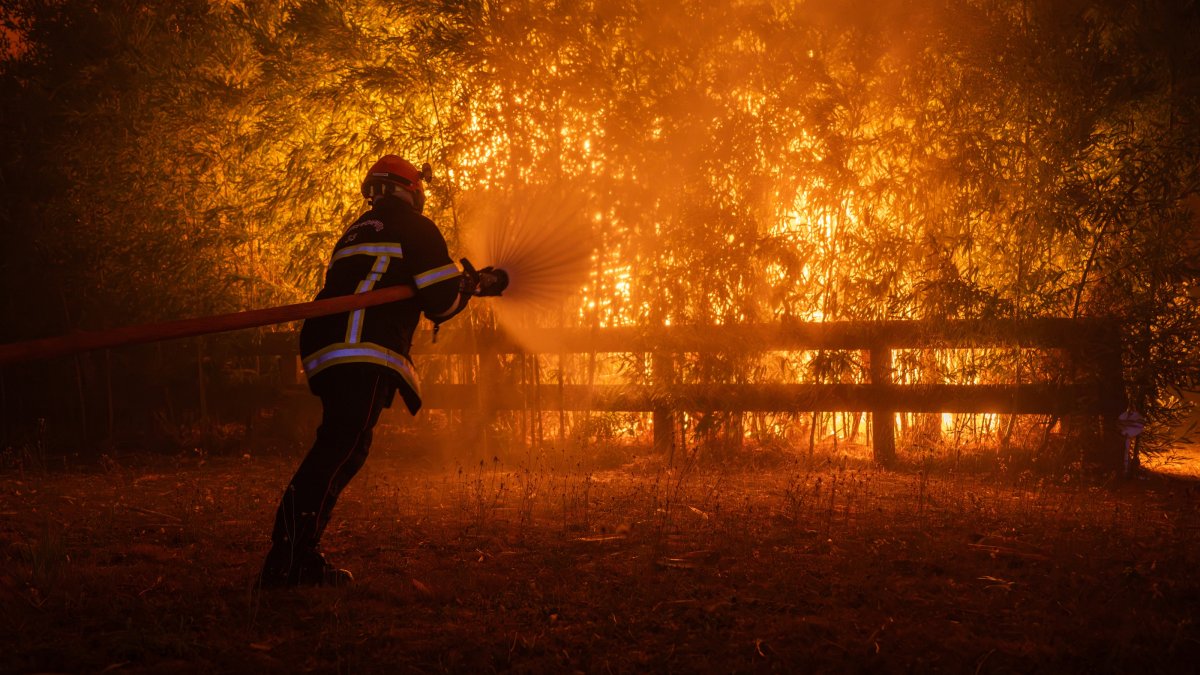 A firefighting crew battles a wildfire spreading in Ares, south-western France, July 25, 2026. (EPA Photo)