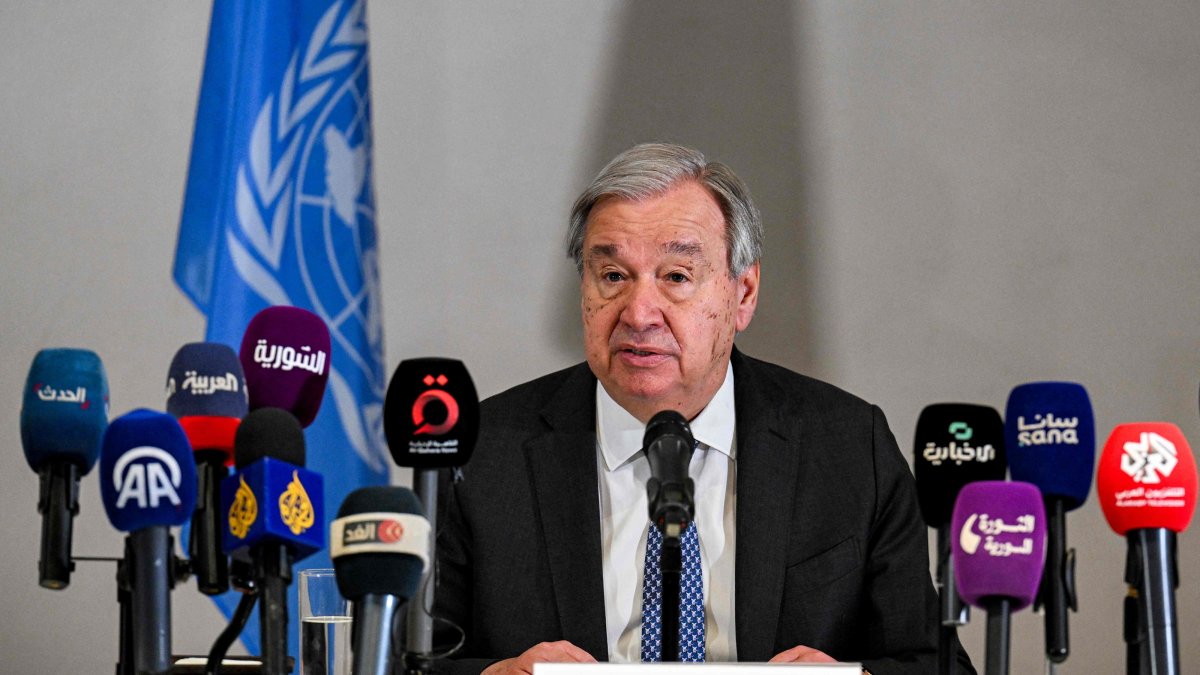 U.N. Secretary-General Antonio Guterres gives a press conference, Damascus, Syria, July 26, 2026. (AFP Photo)