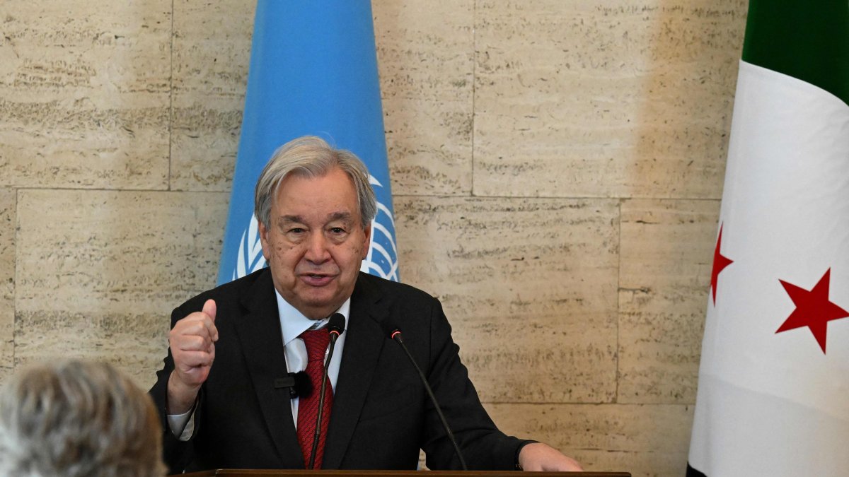U.N. Secretary-General Antonio Guterres speaks as Syria's Foreign Affairs Minister (unseen) listen on during a joint press conference following their meeting at the Tishreen Palace in the Syrian capital Damascus, July 25, 2026. (AFP Photo)