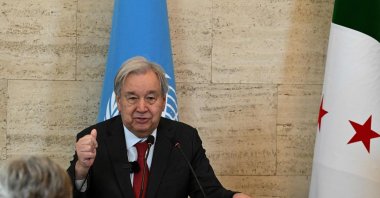 U.N. Secretary-General Antonio Guterres speaks as Syria's Foreign Affairs Minister (unseen) listen on during a joint press conference following their meeting at the Tishreen Palace in the Syrian capital Damascus, July 25, 2026. (AFP Photo)