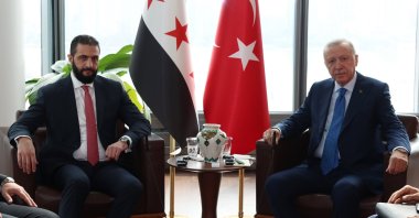 President Recep Tayyip Erdoğan holds a meeting with Syrian interim President Ahmed al-Sharaa at the Turkish House, New York, U.S., Sept. 24, 2025. (AA File Photo)