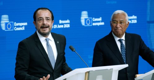 Greek Cypriot administration head Nikos Christodoulides (L) talks to journalists next to European Council President Antonio Costa, Brussels, Belgium, June 19, 2026. (AP Photo)