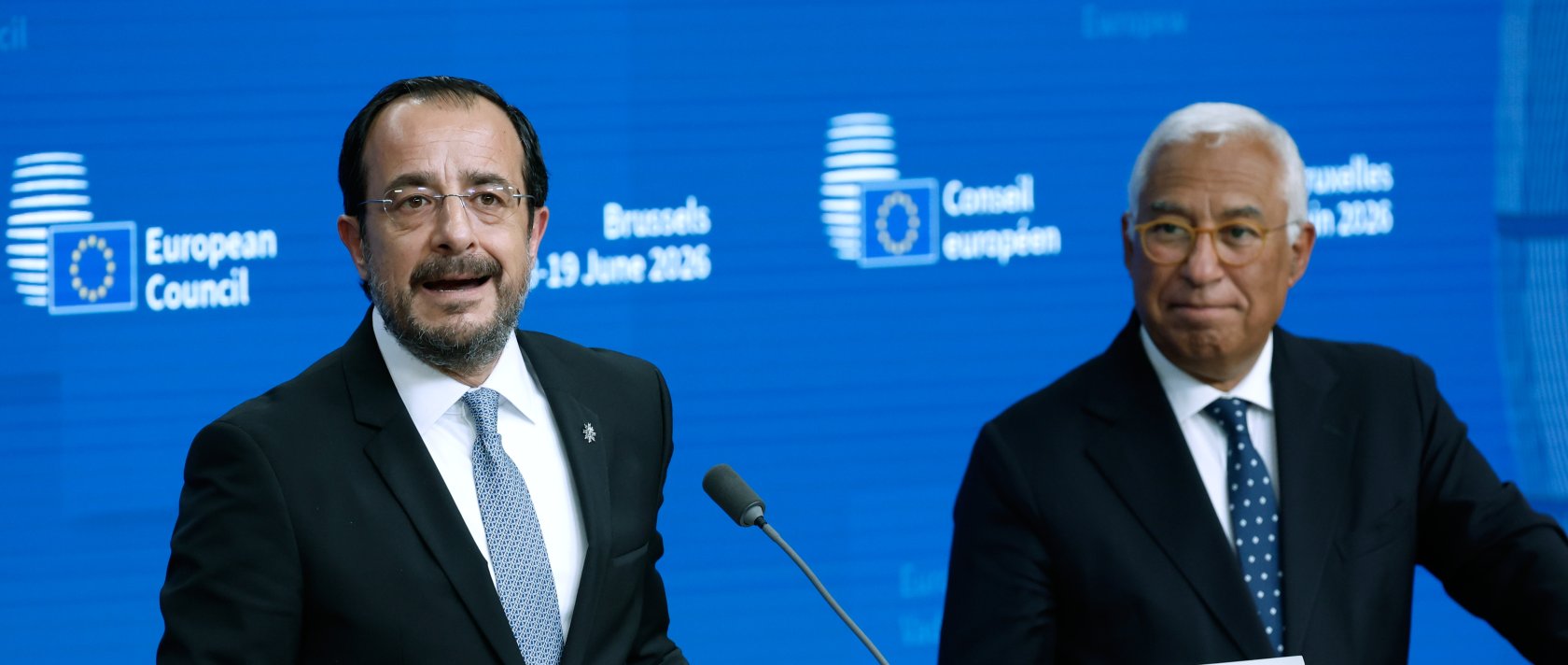 Greek Cypriot administration head Nikos Christodoulides (L) talks to journalists next to European Council President Antonio Costa, Brussels, Belgium, June 19, 2026. (AP Photo)