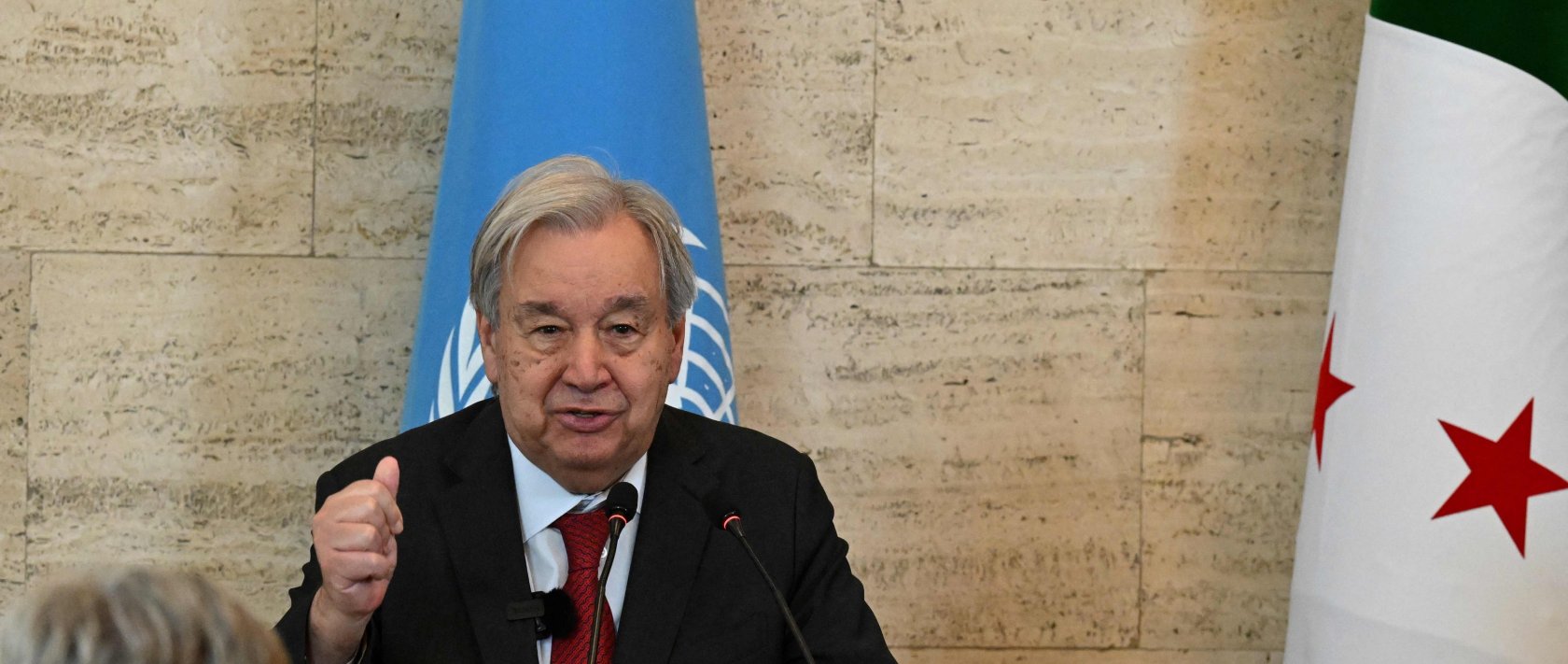 U.N. Secretary-General Antonio Guterres speaks as Syria's Foreign Affairs Minister (unseen) listen on during a joint press conference following their meeting at the Tishreen Palace in the Syrian capital Damascus, July 25, 2026. (AFP Photo)