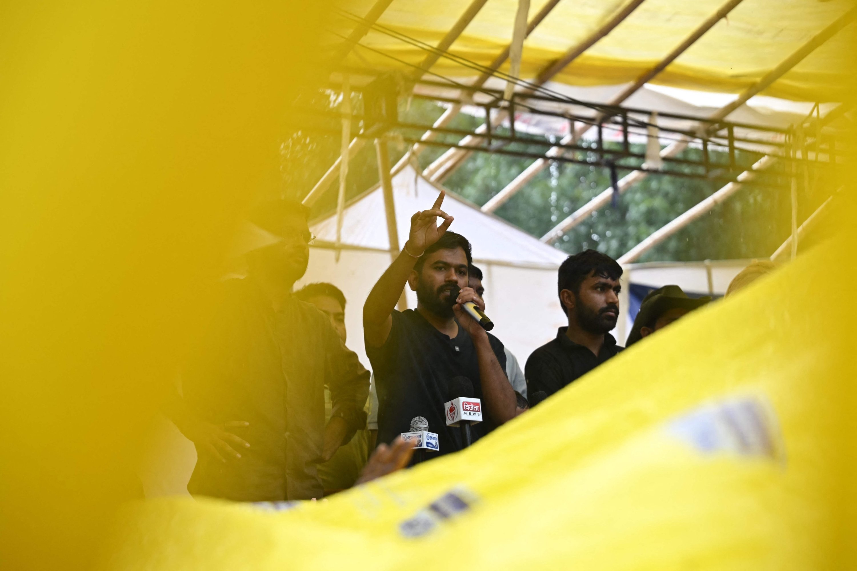 Cockroach Janta Party (CJP) founder Abhijeet Dipke (C) speaks to the media at Jantar Mantar in New Delhi, India, July 24, 2026. (AFP Photo)