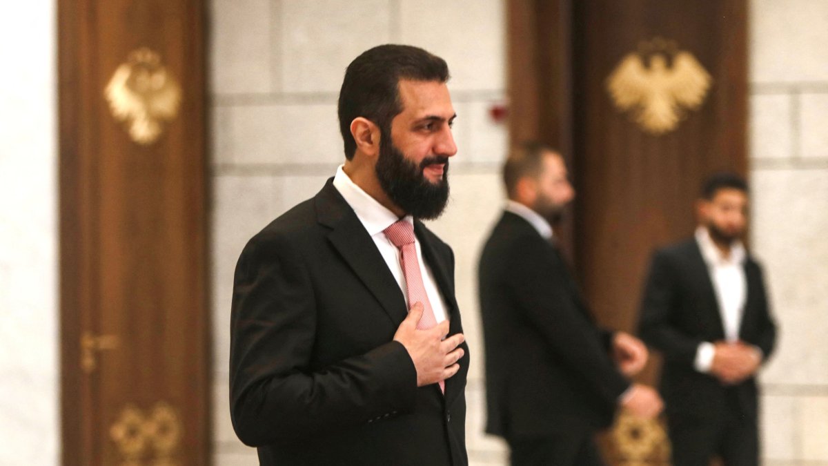 Syria's President Ahmed al-Sharaa arrives to receive U.N. Secretary-General Antonio Guterres at the People's Palace, Damascus, Syria, July 25, 2026. (AFP Photo)