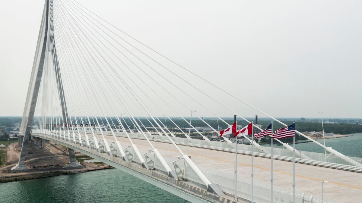 The Gordie Howe International Bridge between Detroit, Mich. and Windsor, Ontario on its opening day, Monday, July 27 2026. (Jacob Hamilton/Ann Arbor News via AP)