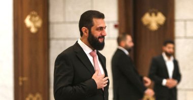 Syria's President Ahmed al-Sharaa arrives to receive U.N. Secretary-General Antonio Guterres at the People's Palace, Damascus, Syria, July 25, 2026. (AFP Photo)