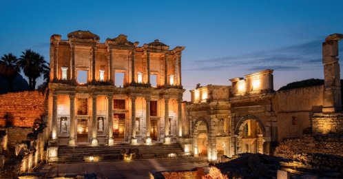 An undated view of the Celsus library in the Ancient City of Ephesus during visiting hours at night. (Shutterstock Photo)
