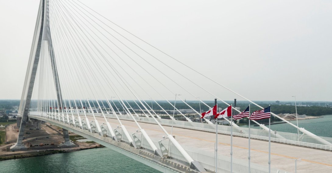 The Gordie Howe International Bridge between Detroit, Mich. and Windsor, Ontario on its opening day, Monday, July 27 2026. (Jacob Hamilton/Ann Arbor News via AP)