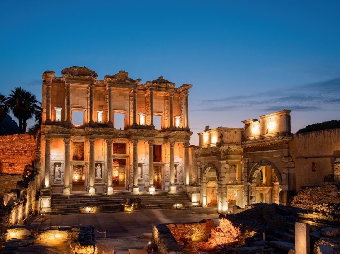 An undated view of the Celsus library in the Ancient City of Ephesus during visiting hours at night. (Shutterstock Photo)