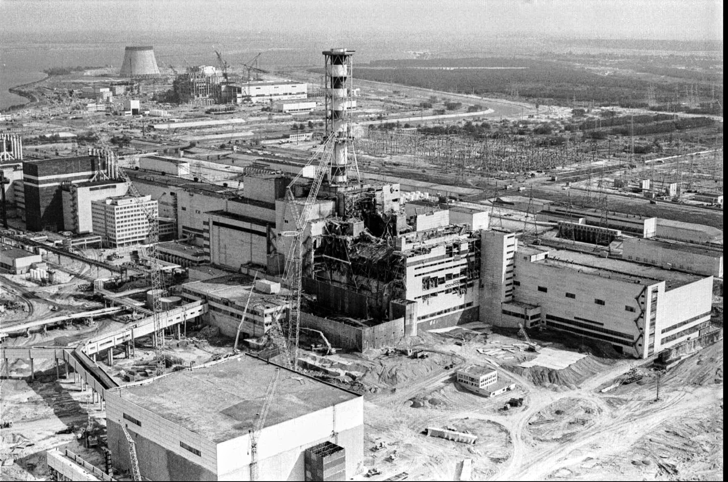 This photo shows an aerial view of the Chernobyl nuclear plant showing damage from an explosion and fire in reactor four, Chernobyl, Ukraine, April 26, 1986. (AP Photo)