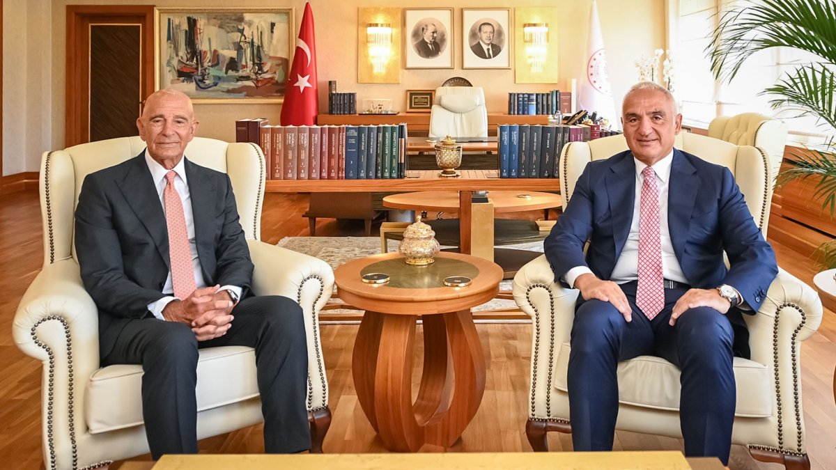 Turkish Culture and Tourism Minister Mehmet Nuri Ersoy (R), meets with U.S. Ambassador to Türkiye Tom Barrack (L) at the Ministry of Culture and Tourism, Ankara, Türkiye, July 27, 2026. (AA Photo)