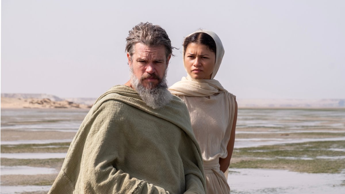 Matt Damon as Odysseus (L) and Zendaya as Athena, in a scene from "The Odyssey." (Universal Pictures via AP Photo)