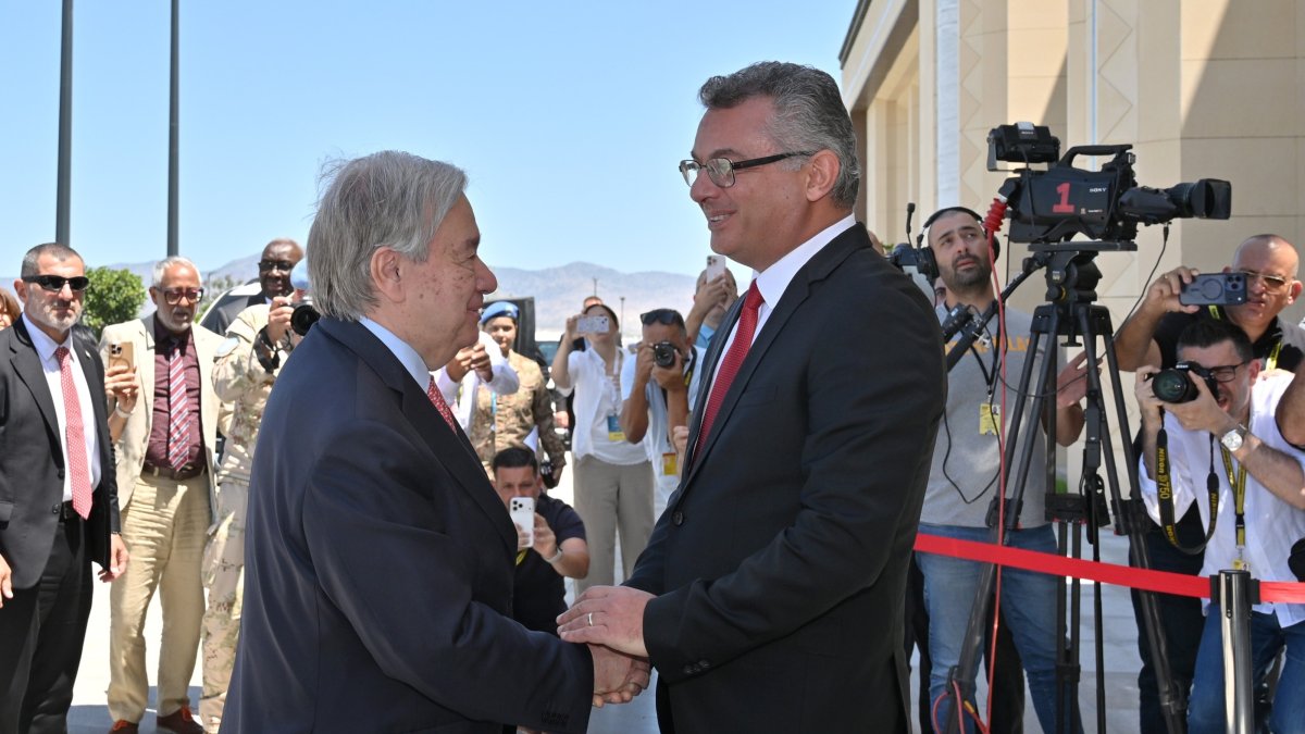 Turkish Cypriot President Tufan Erhürman meets with U.N. Secretary-General Antonio Guterres, at the presidential office in northern Lefkoşa (Nicosia), TRNC, July 28, 2026. (IHA Photo)