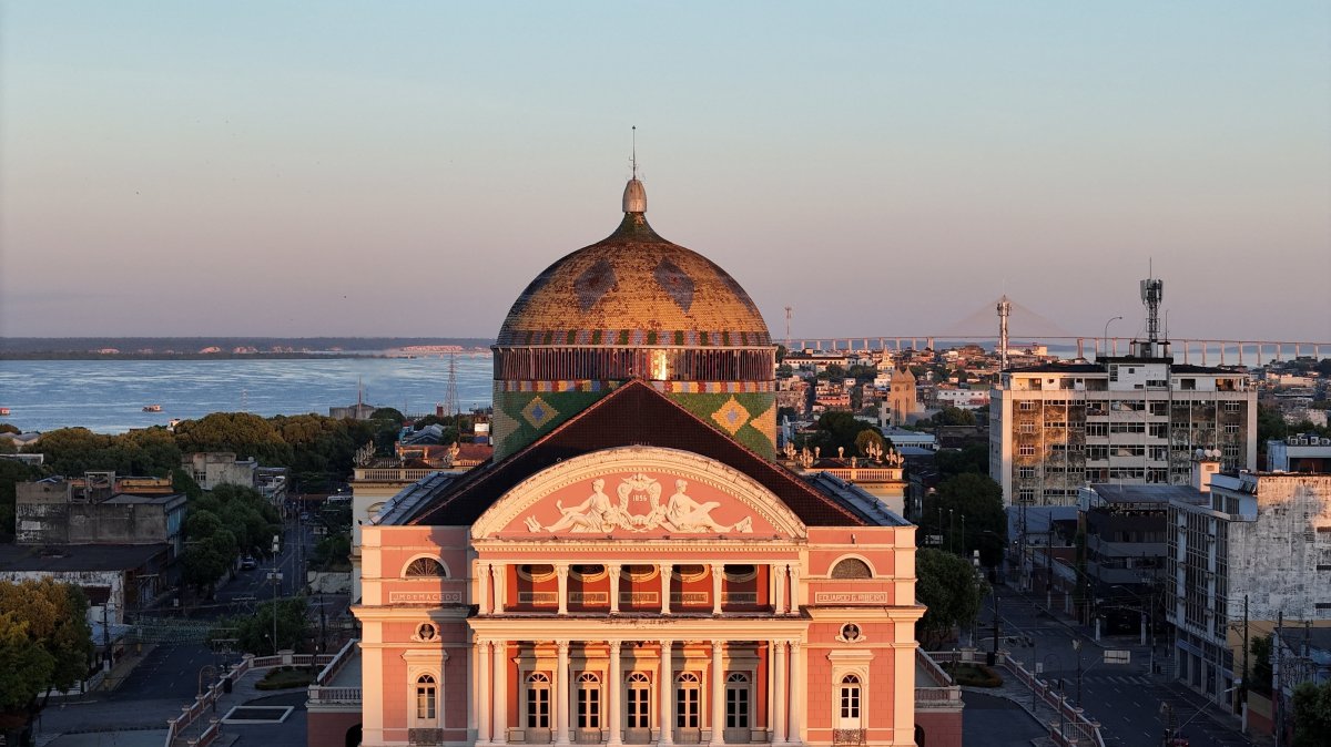 A drone view shows "Teatro Amazonas," which was later designated a UNESCO World Cultural Heritage site, Manaus, Brazil, July 24, 2026. (Reuters Photo)