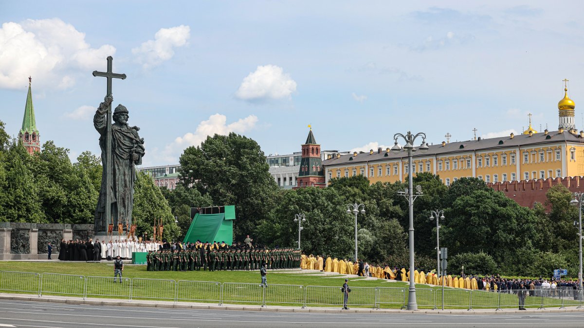 Russian Orthodox priests and believers attend a religious procession to the monument to St. Prince Vladimir on the Day of Baptism of Rus from the Kremlin in Moscow, Russia, July 28, 2026. (EPA Photo)
