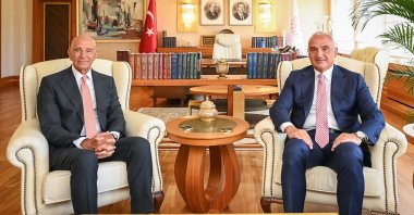 Turkish Culture and Tourism Minister Mehmet Nuri Ersoy (R), meets with U.S. Ambassador to Türkiye Tom Barrack (L) at the Ministry of Culture and Tourism, Ankara, Türkiye, July 27, 2026. (AA Photo)