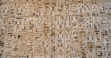 A close up shows reliefs and hieroglyphs inside Medinat Habu, the ancient Egyptian Mortuary Temple of Ramesses III, Luxor, Egypt, Jan. 6, 2026. (Getty Images Photo)