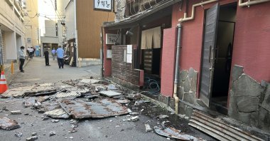 The exterior wall of a restaurant collapsed following the earthquake in Kumamoto City, southwestern Japan, July 28, 2026. (EPA Photo)