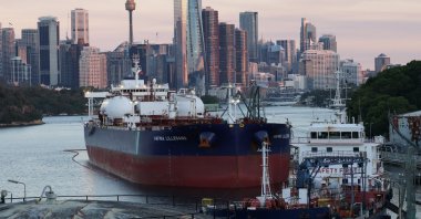 Hafnia Lillesand, a crude oil and product tanker, sits at Viva Energy Australia's Gore Bay fuel terminal overlooking the city skyline, Sydney, Australia, April 14, 2026. (Reuters Photo)